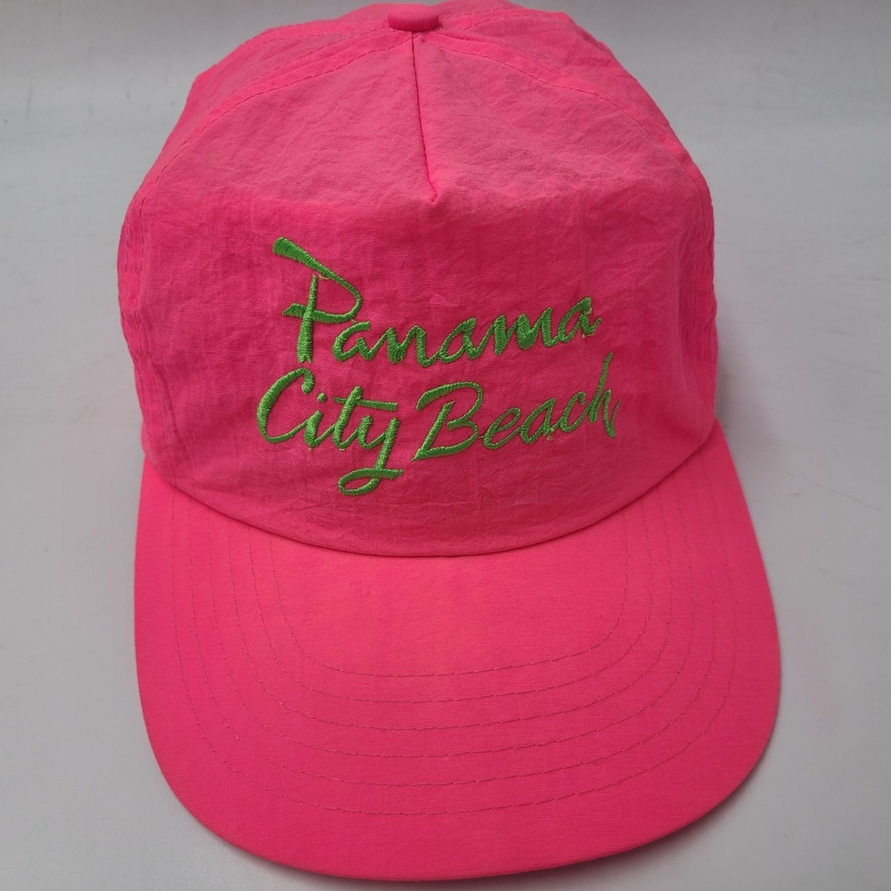 Vintage Panama City Beach Hat Snapback Pink Green Neon Nylon Spring Break FL Men